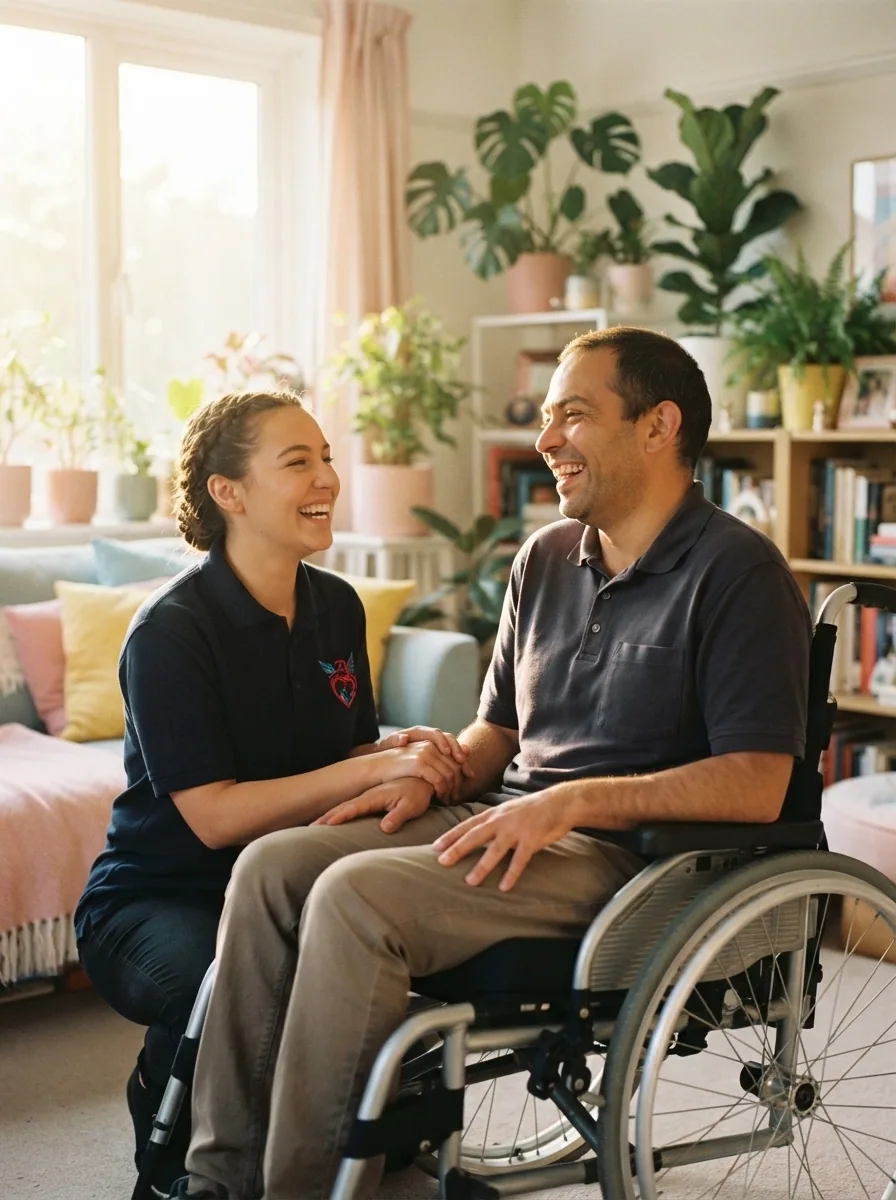 A support worker crouching down to share a warm, genuine laugh with a participant who uses a wheelchair, in a bright plant-filled living room