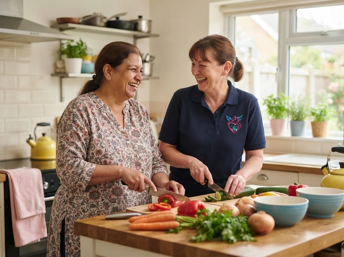 A participant and support worker laughing together while preparing a meal in a home kitchen