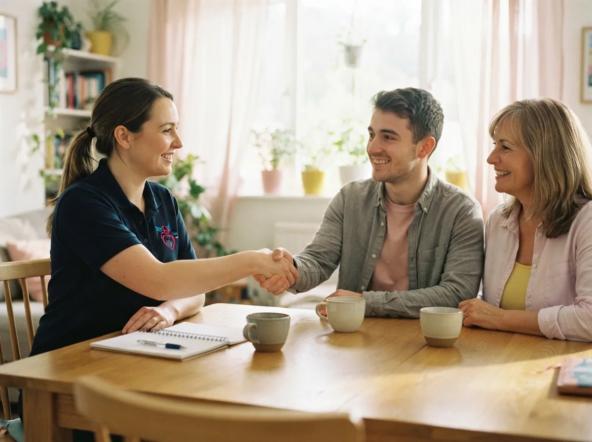 A support worker meeting a participant and family member for the first time