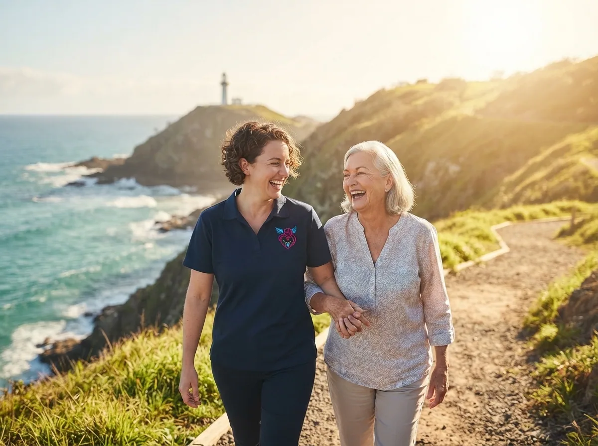 A support worker and participant walking along a coastal headland path