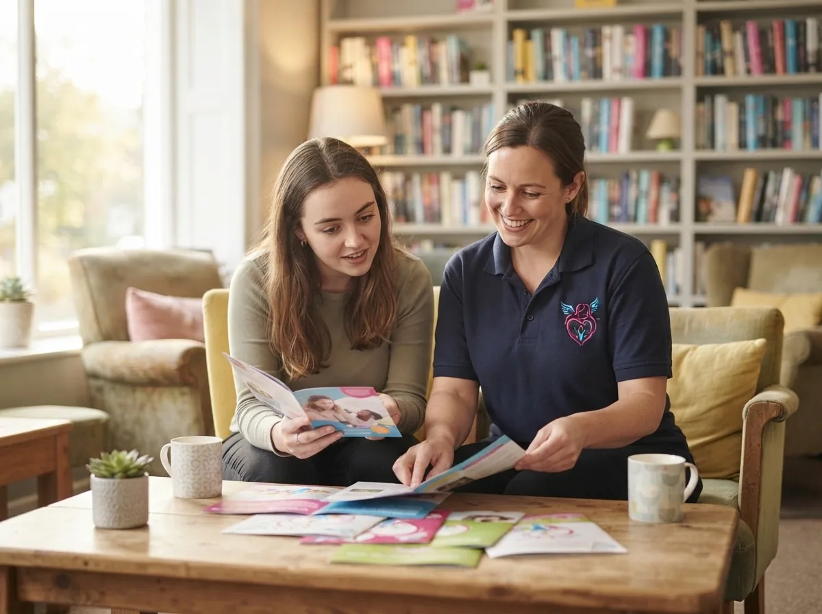 A support worker and participant looking through helpful guides