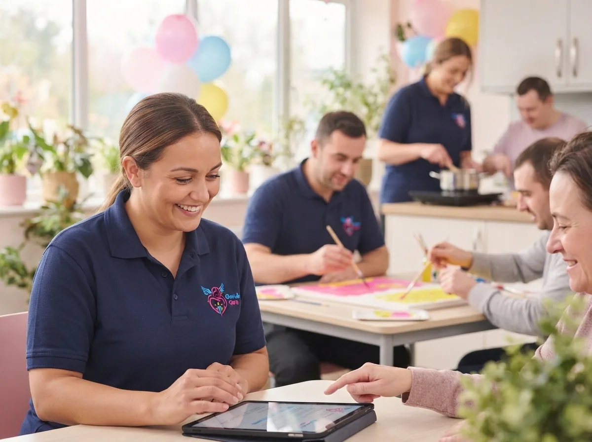 Support workers helping participants with planning, art and cooking